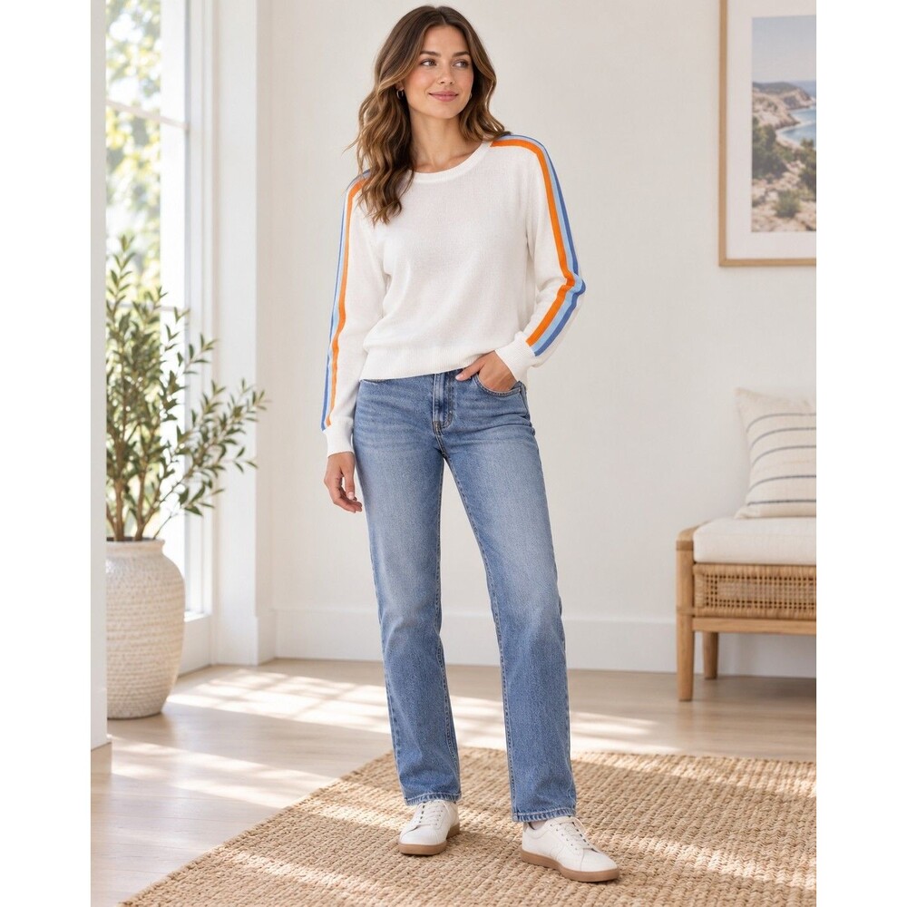Faherty Throwback Crew Sweater Sz L Stripe Cotton Cashmere Pullover Rainbow Pop